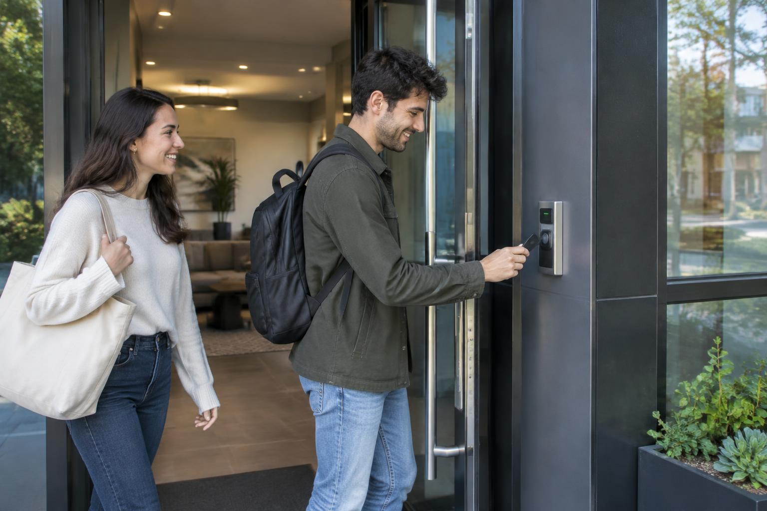 Residents smiling as they use an access credential at a contemporary apartment entrance