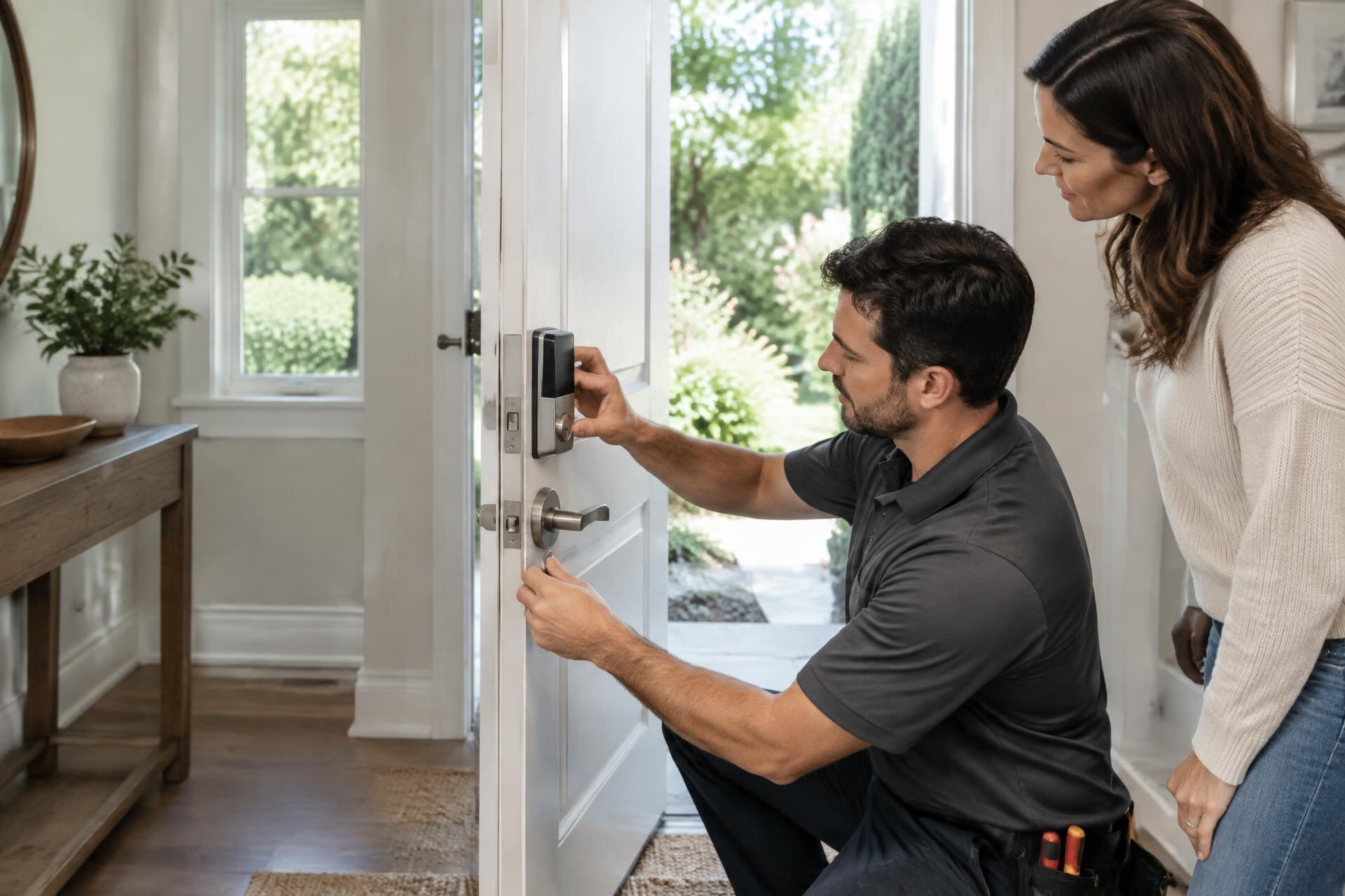 Residential entrance door with a modern smart lock handleset