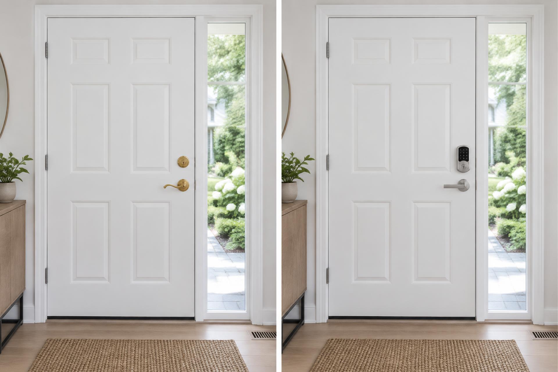 Illustrative comparison of a traditional entry lock and smart lock on a similar existing door