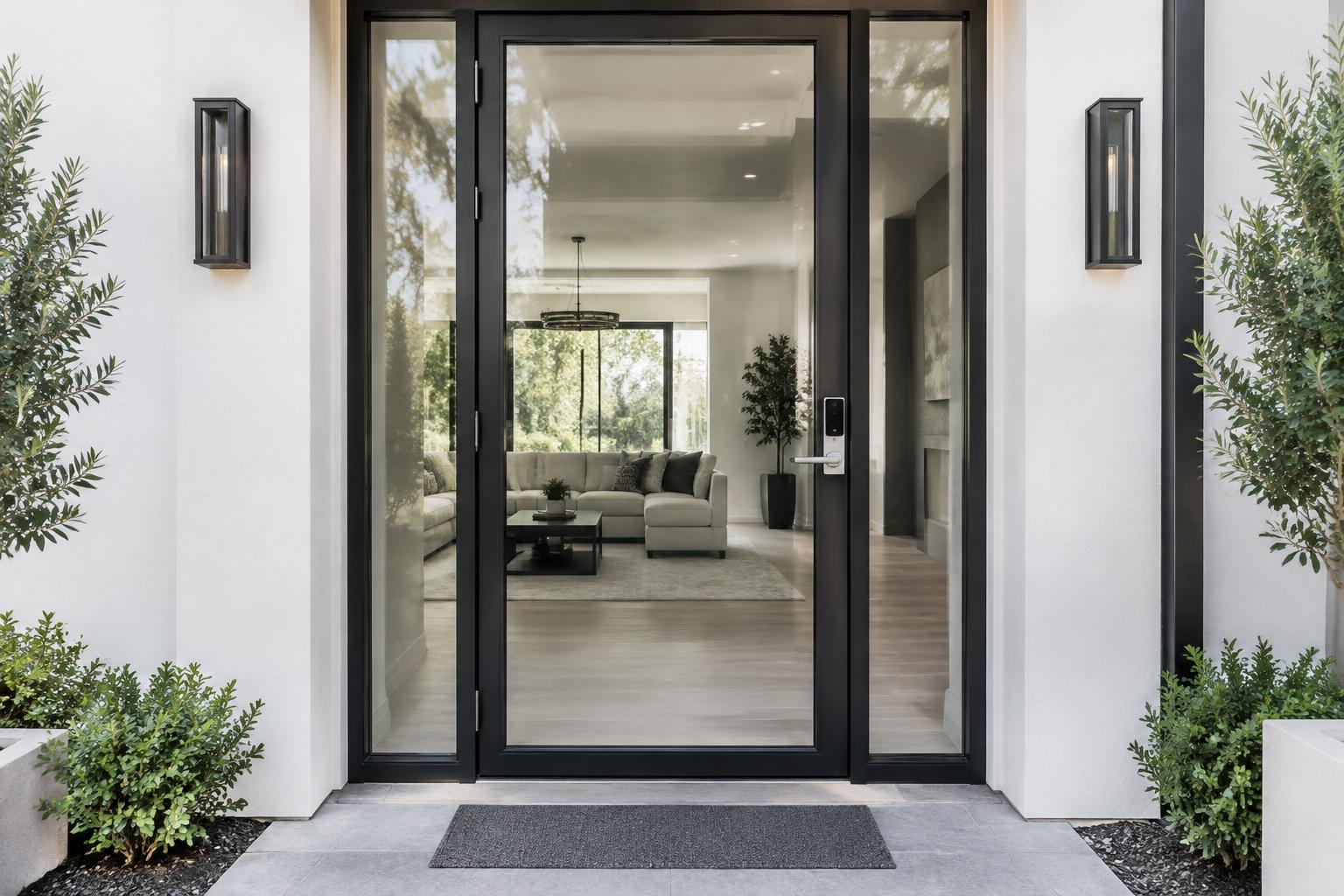Illustrative residential door with clear glass and smart lock