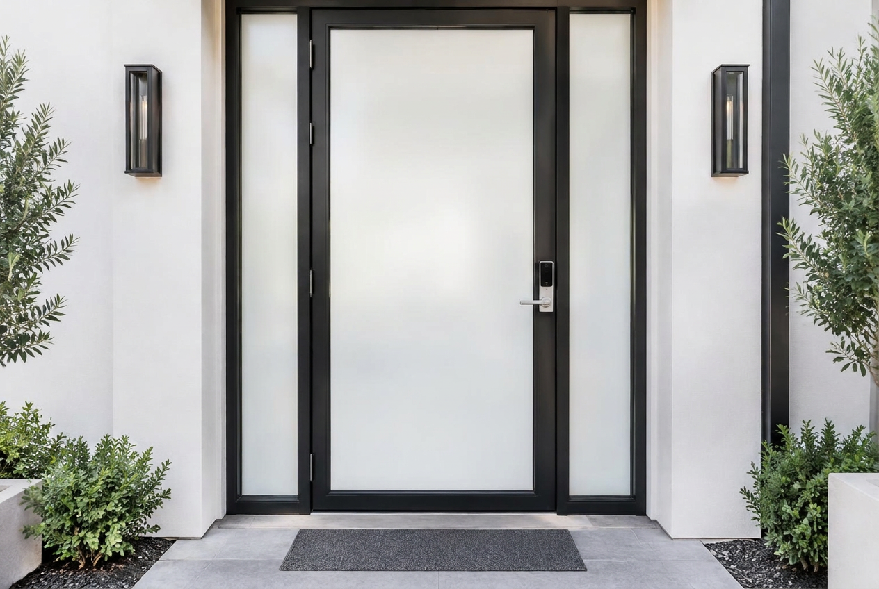 Same residential door with frosted privacy glass