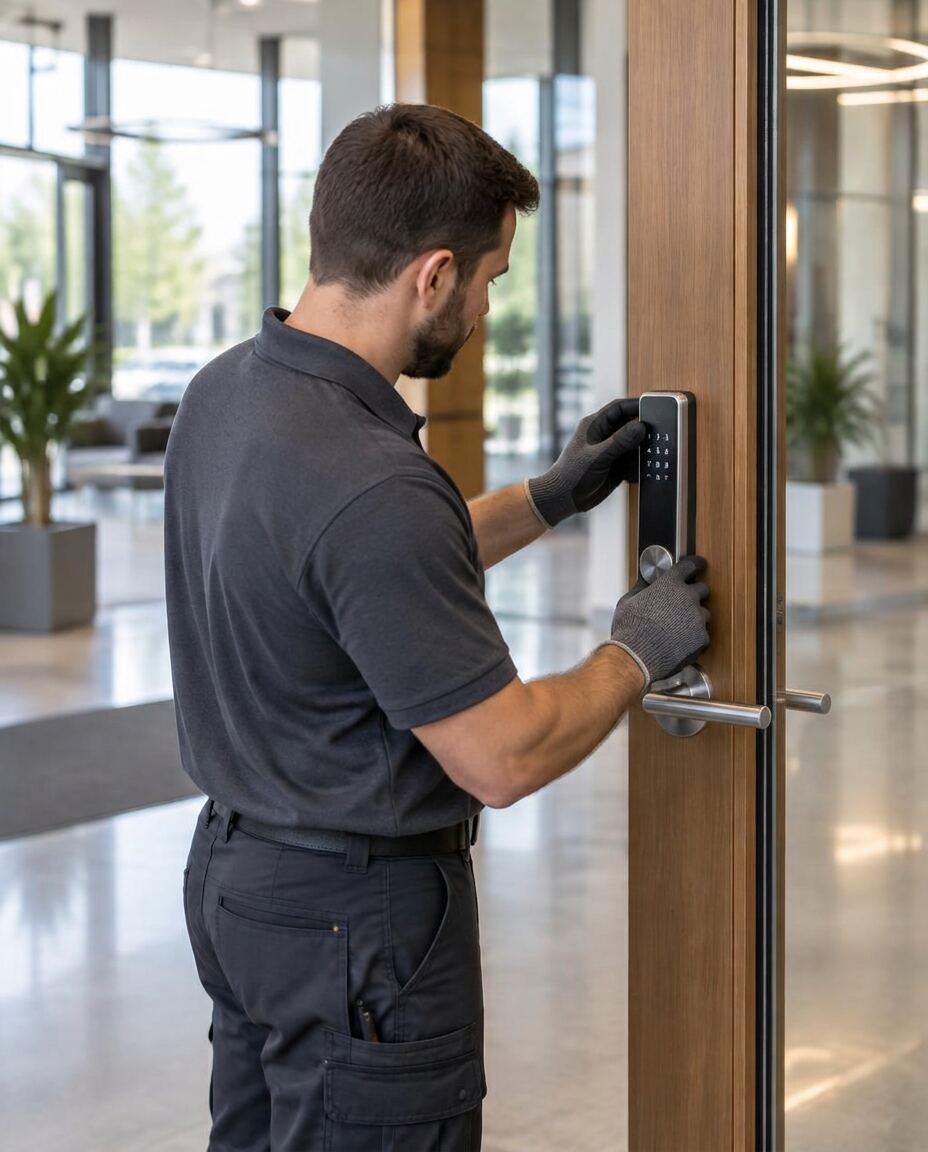 Certified technician fitting a brushed-steel smart keypad lock on an existing commercial door