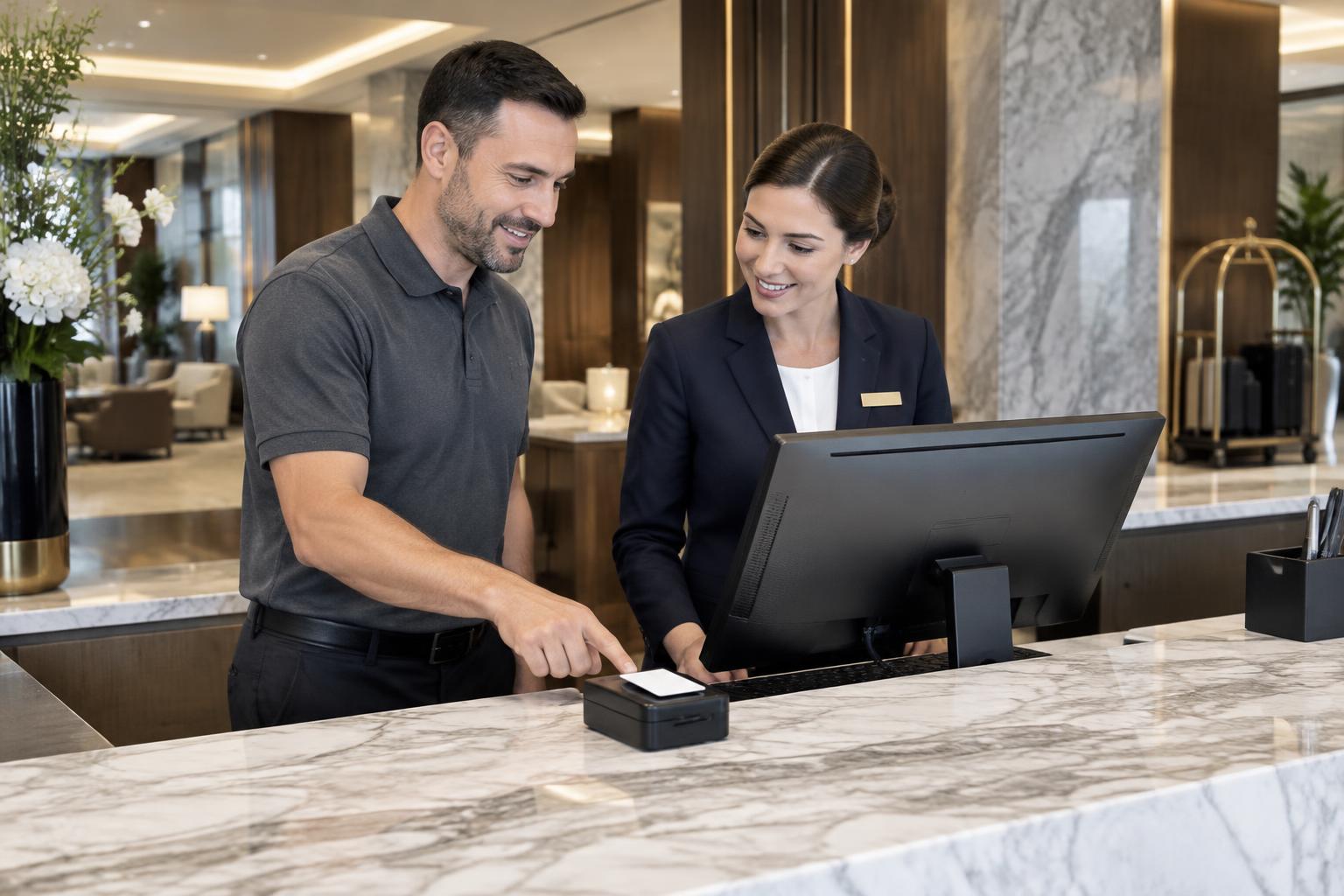 Illustration of an access technician showing a hotel receptionist a keycard encoder at the front desk