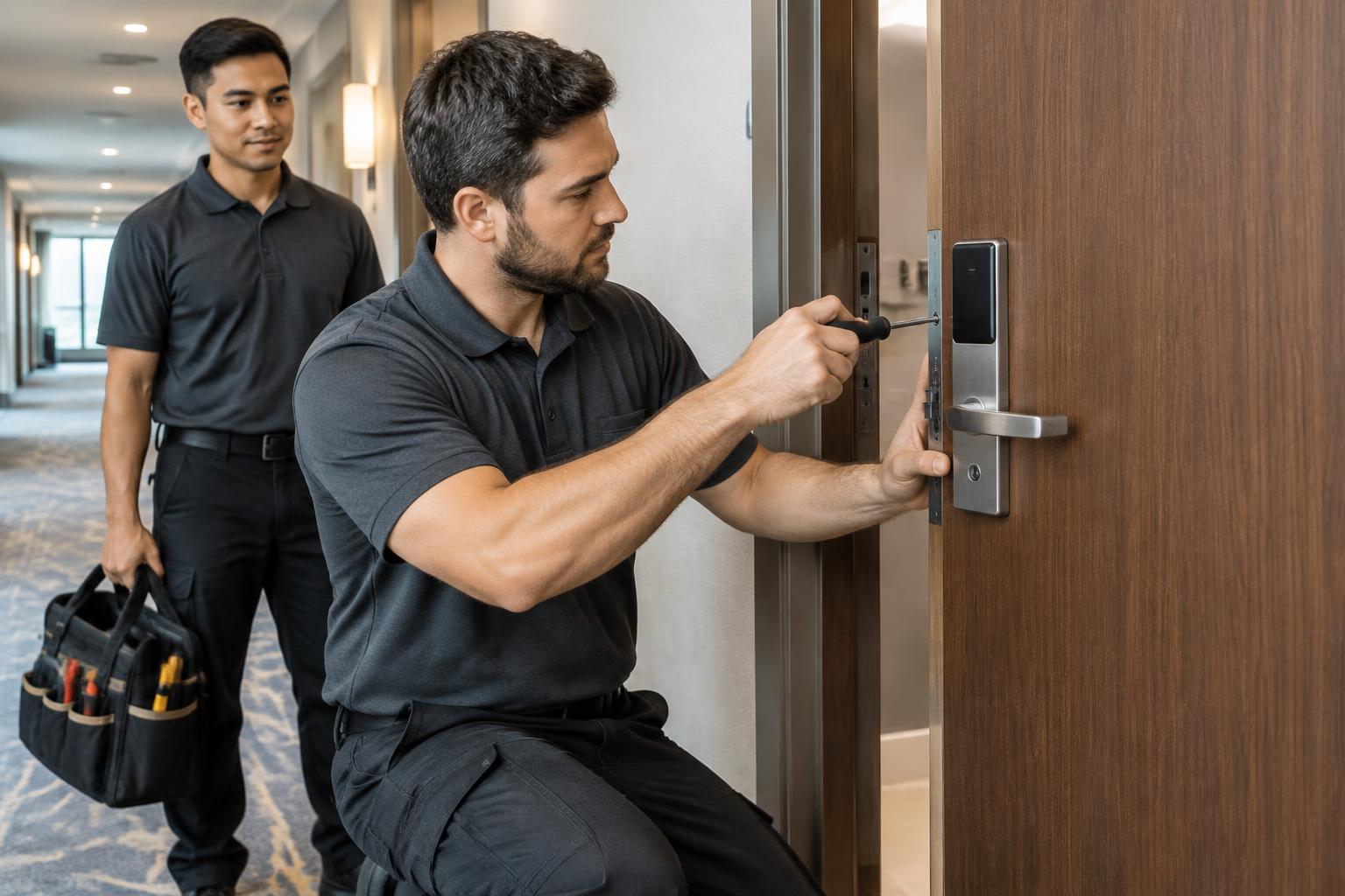 Illustration of a two-person installation team fitting an electronic lock to a hotel guest-room door